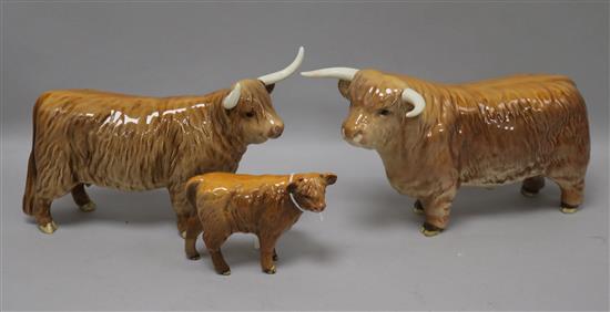 A Beswick Highland cattle family comprising bull 2008, cow 1740 and a calf 1827D, gloss
